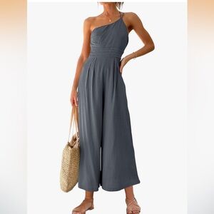 NWT Elegant Dressy casual Gray One-Shoulder Wide leg romper Jumpsuit